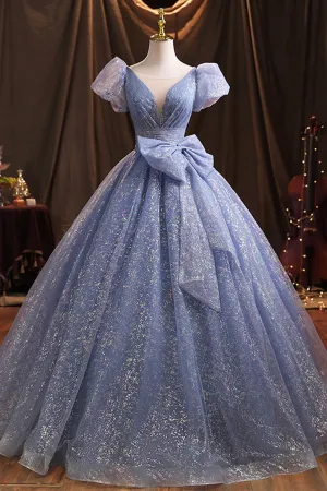 Blue Tulle Sequins Long Prom Dress A-Line Evening Gown with Bow