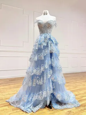 Blue Tulle Sequins Long Prom Dress Beautiful Off Shoulder Evening Dress