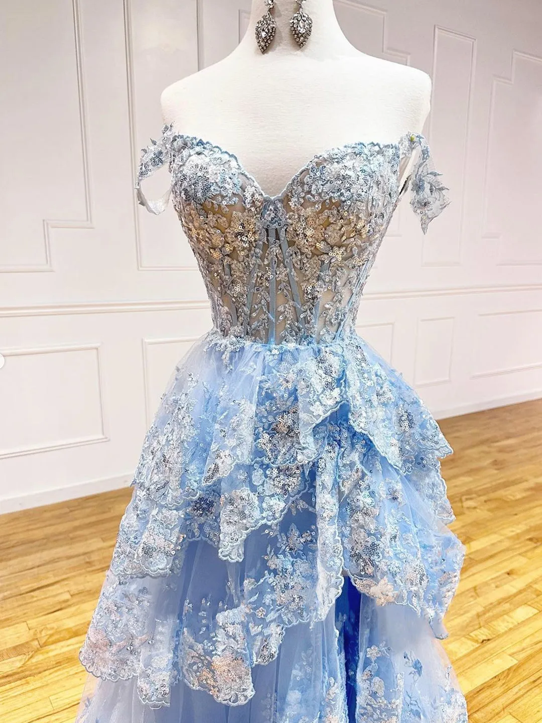 Blue Tulle Sequins Long Prom Dress Beautiful Off Shoulder Evening Dress