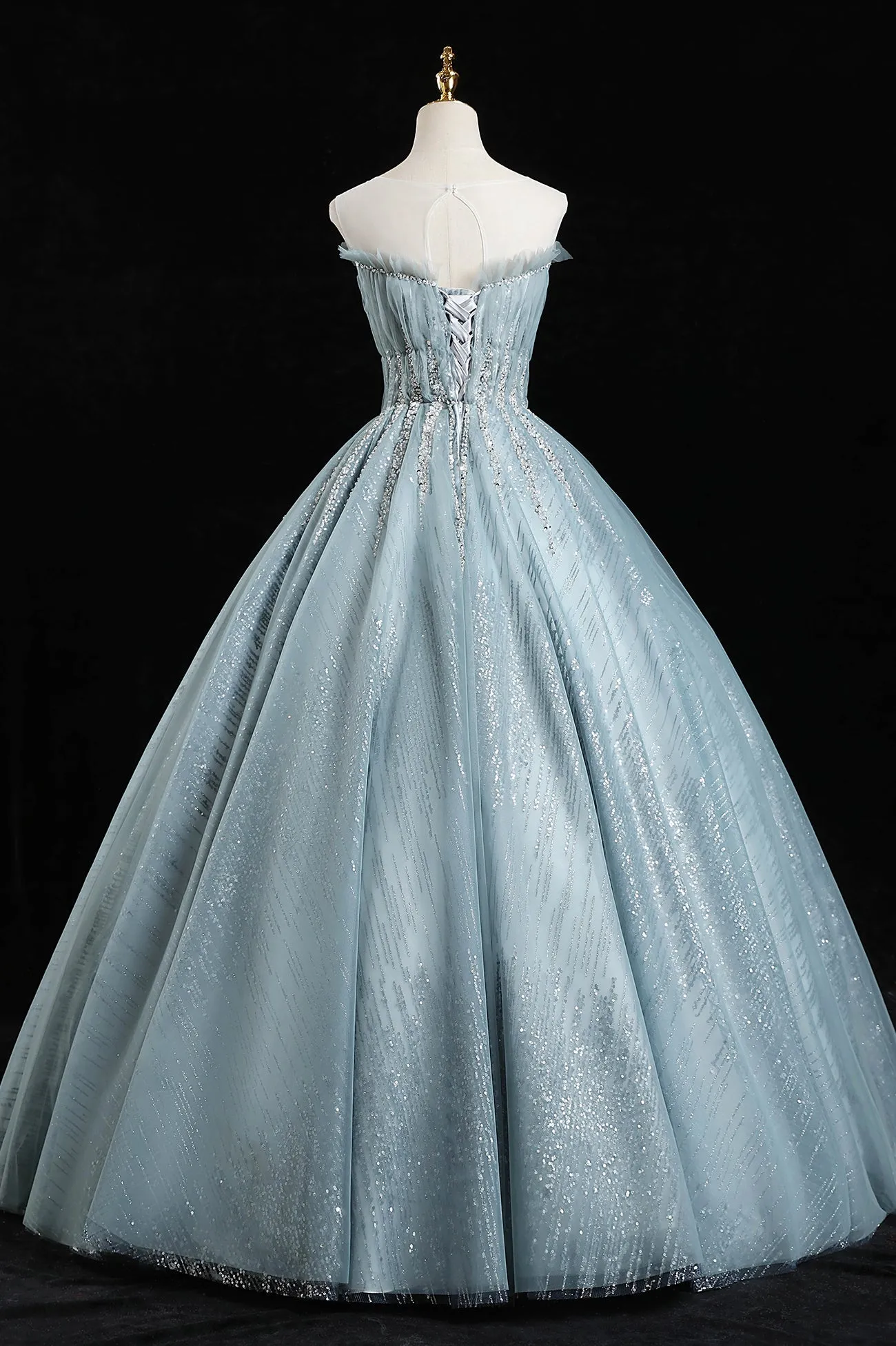 Blue Tulle Sequins Long Prom Dresses A-Line Evening Dresses