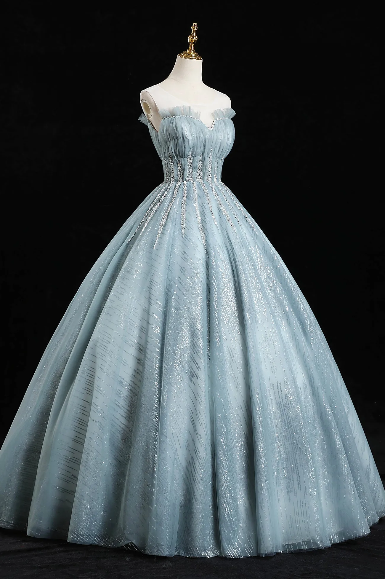 Blue Tulle Sequins Long Prom Dresses A-Line Evening Dresses