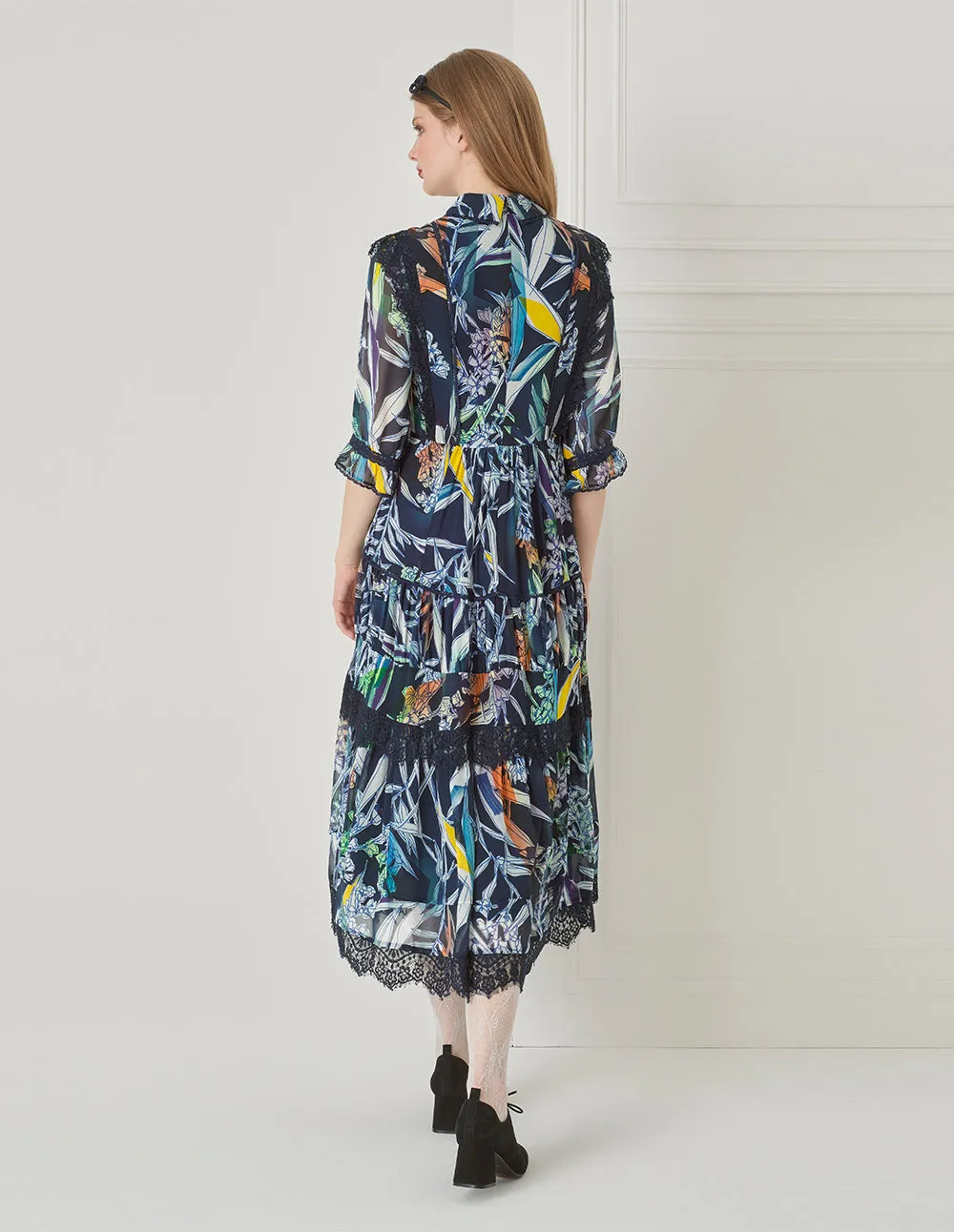 BORA AKSU Peter Pan Neck Puff Sleeve Lace Printed Dress