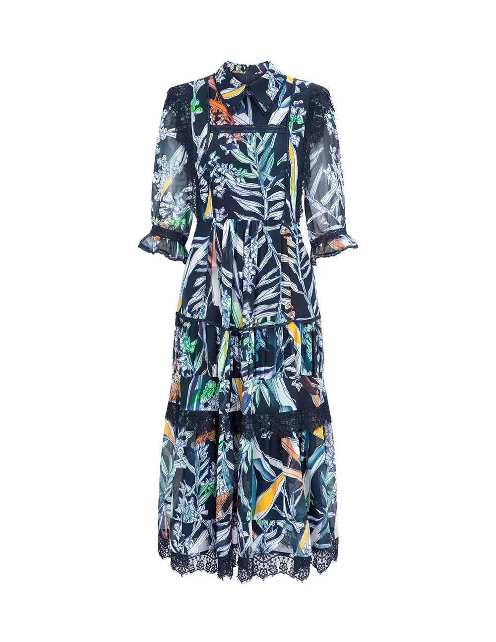 BORA AKSU Peter Pan Neck Puff Sleeve Lace Printed Dress