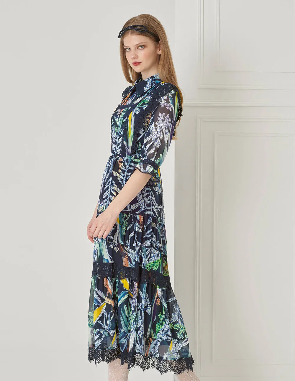 BORA AKSU Peter Pan Neck Puff Sleeve Lace Printed Dress