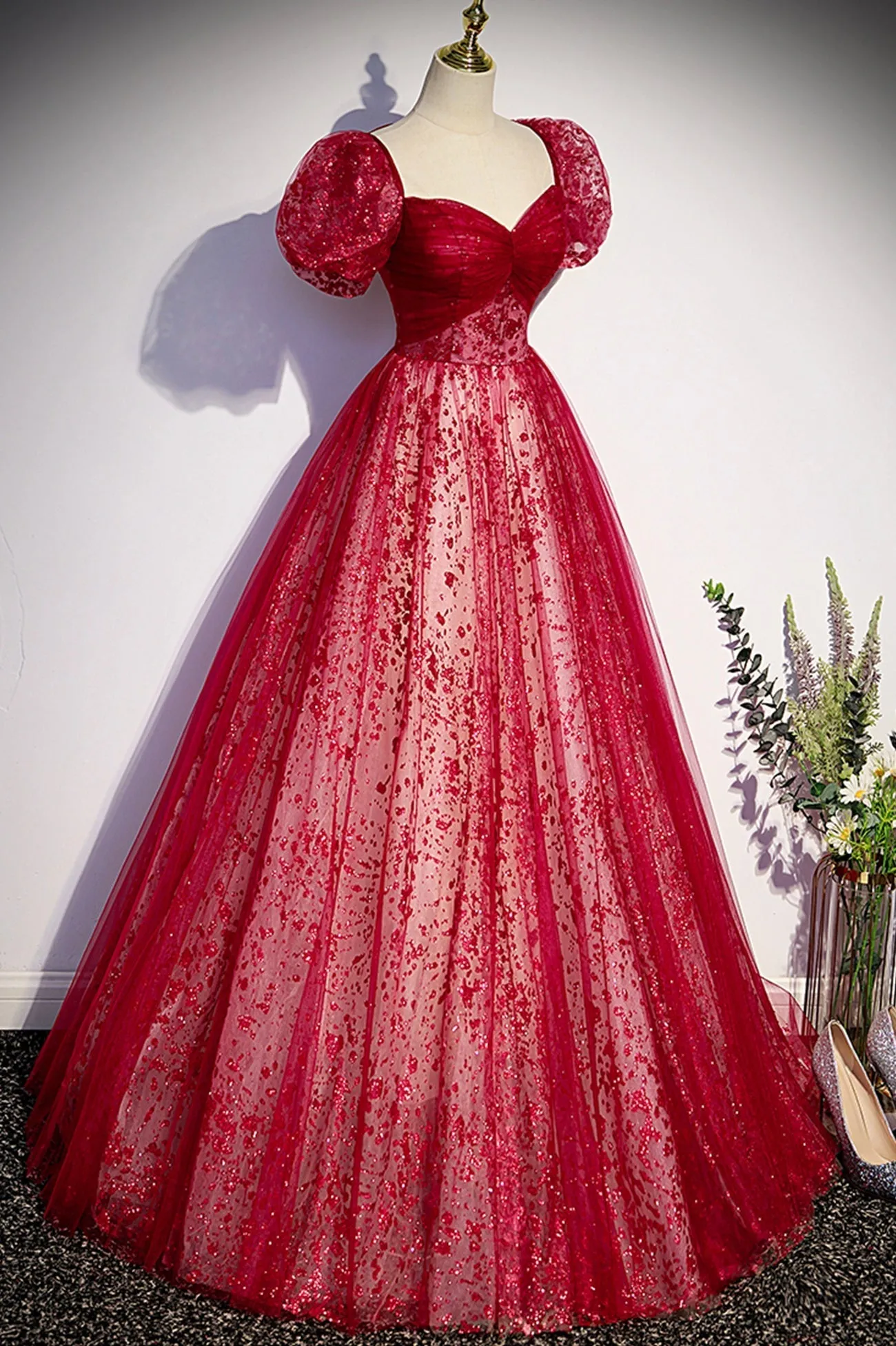 Burgndy Tulle Short Sleeve Formal Evening Dress A-Line Long Prom Dress