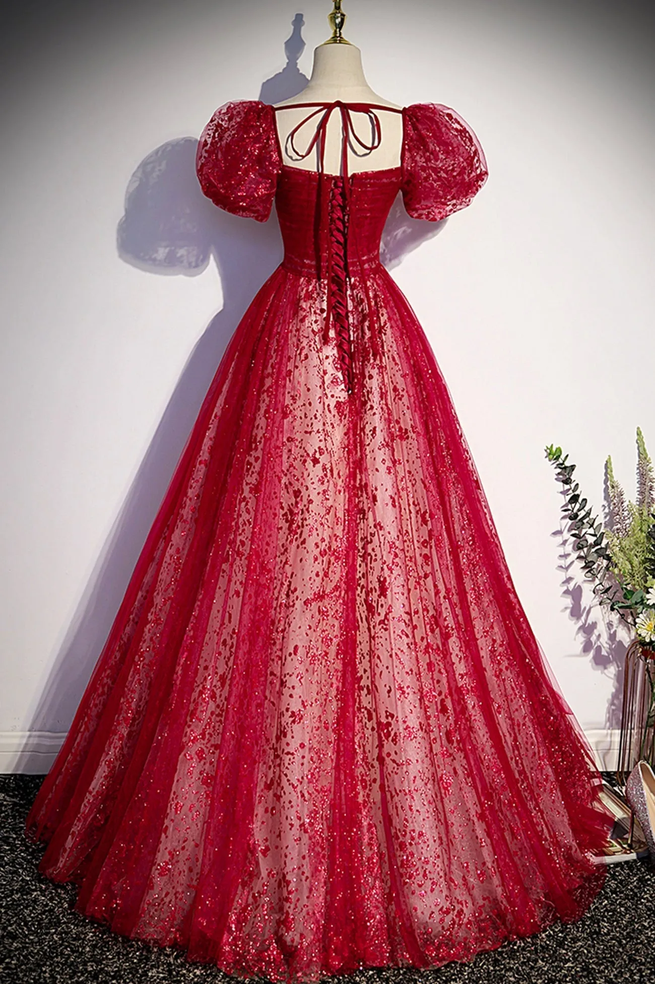 Burgndy Tulle Short Sleeve Formal Evening Dress A-Line Long Prom Dress