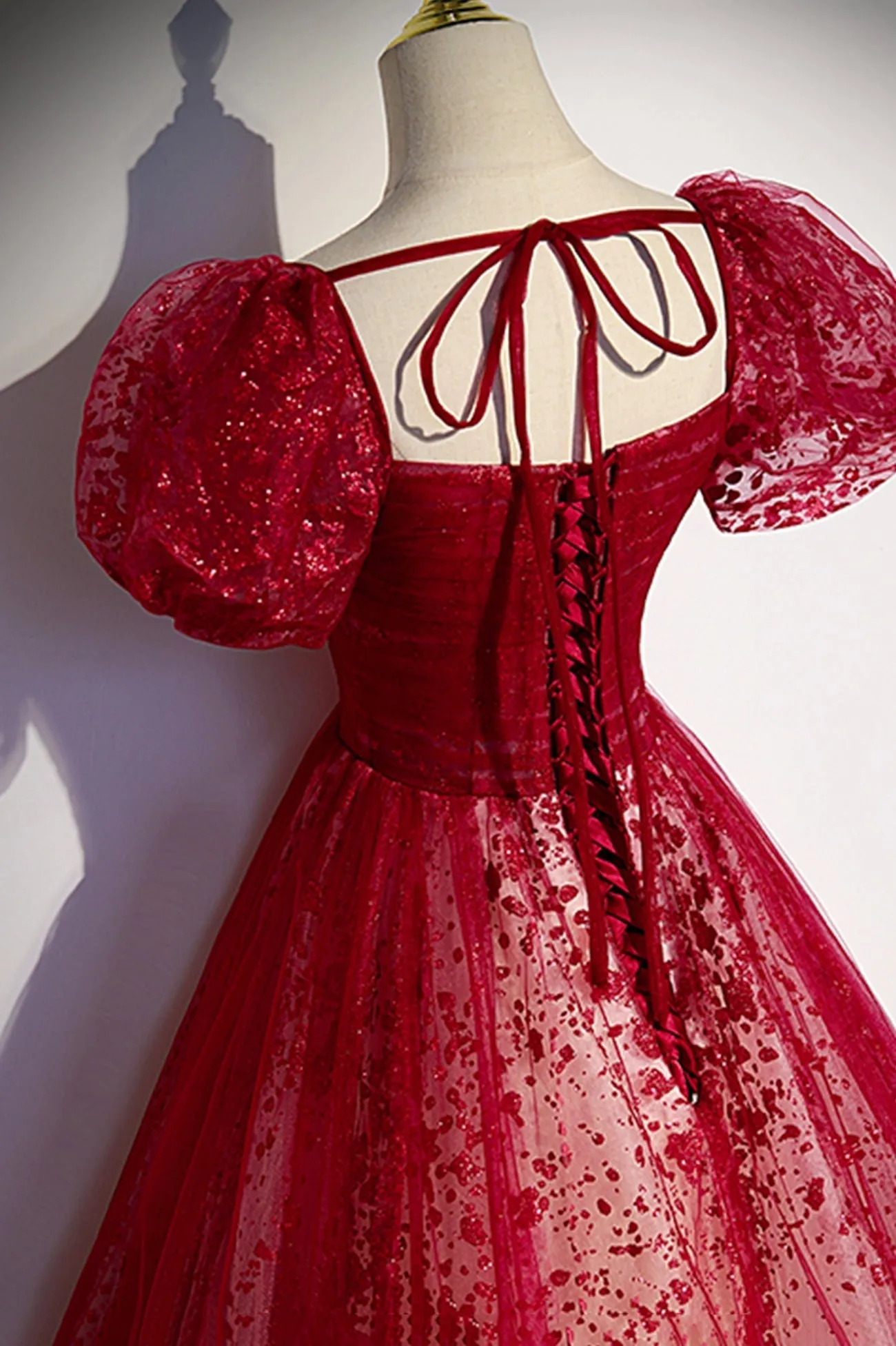Burgndy Tulle Short Sleeve Formal Evening Dress A-Line Long Prom Dress