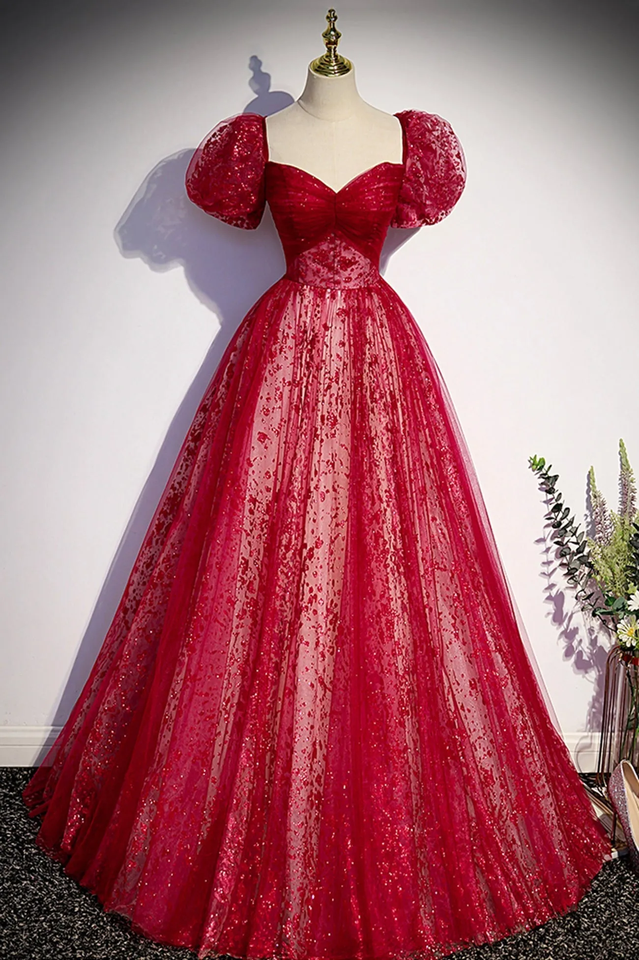 Burgndy Tulle Short Sleeve Formal Evening Dress A-Line Long Prom Dress