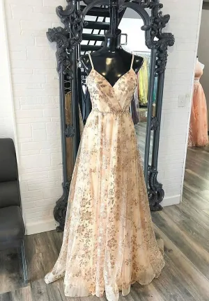 Champagne V-Neck Sequins Long Prom Dresses A-Line Evening Dresses