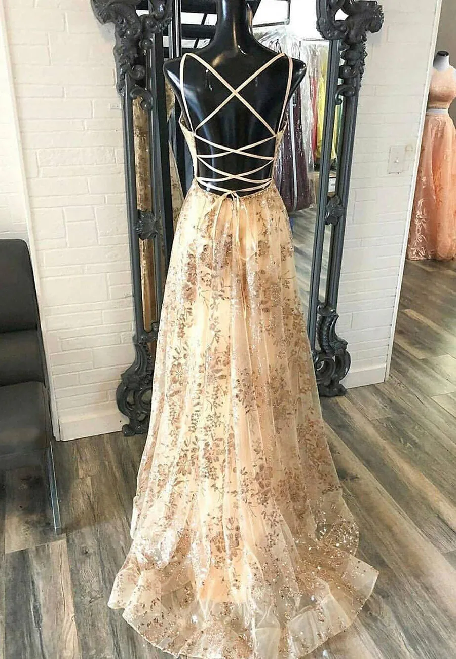 Champagne V-Neck Sequins Long Prom Dresses A-Line Evening Dresses