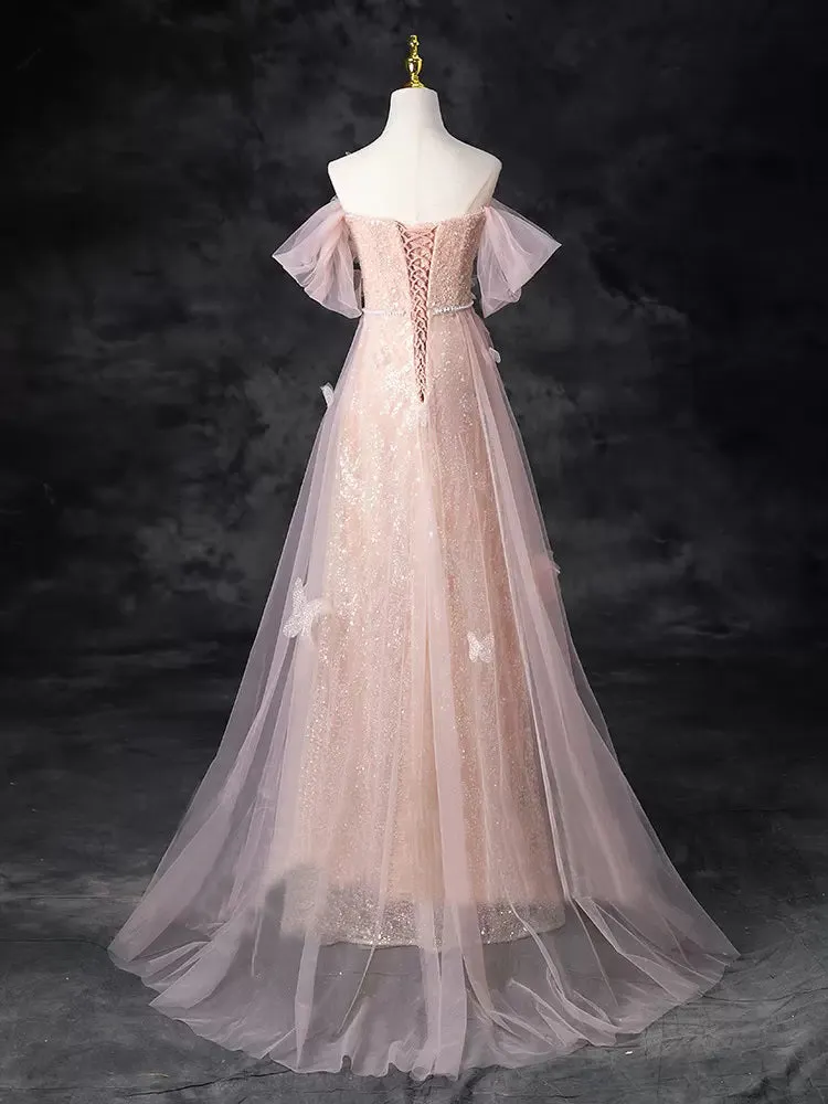 Chic Pink Off-the-shoulder Tulle Long Prom Dress Elegant Evening Gowns TKL2500