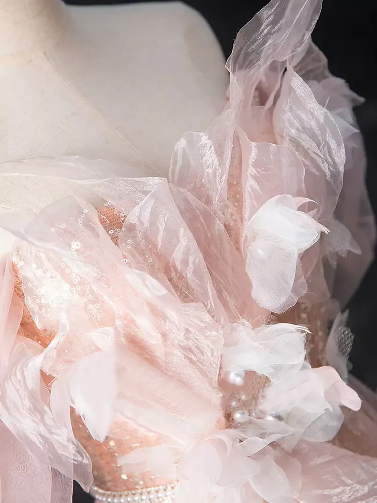 Chic Pink Off-the-shoulder Tulle Long Prom Dress Elegant Evening Gowns TKL2500