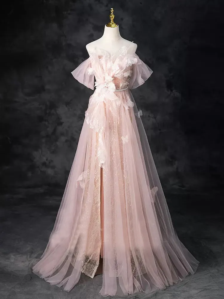 Chic Pink Off-the-shoulder Tulle Long Prom Dress Elegant Evening Gowns TKL2500
