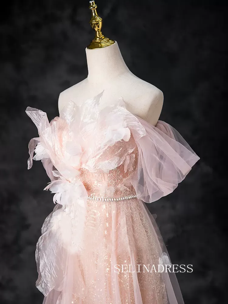 Chic Pink Off-the-shoulder Tulle Long Prom Dress Elegant Evening Gowns TKL2500