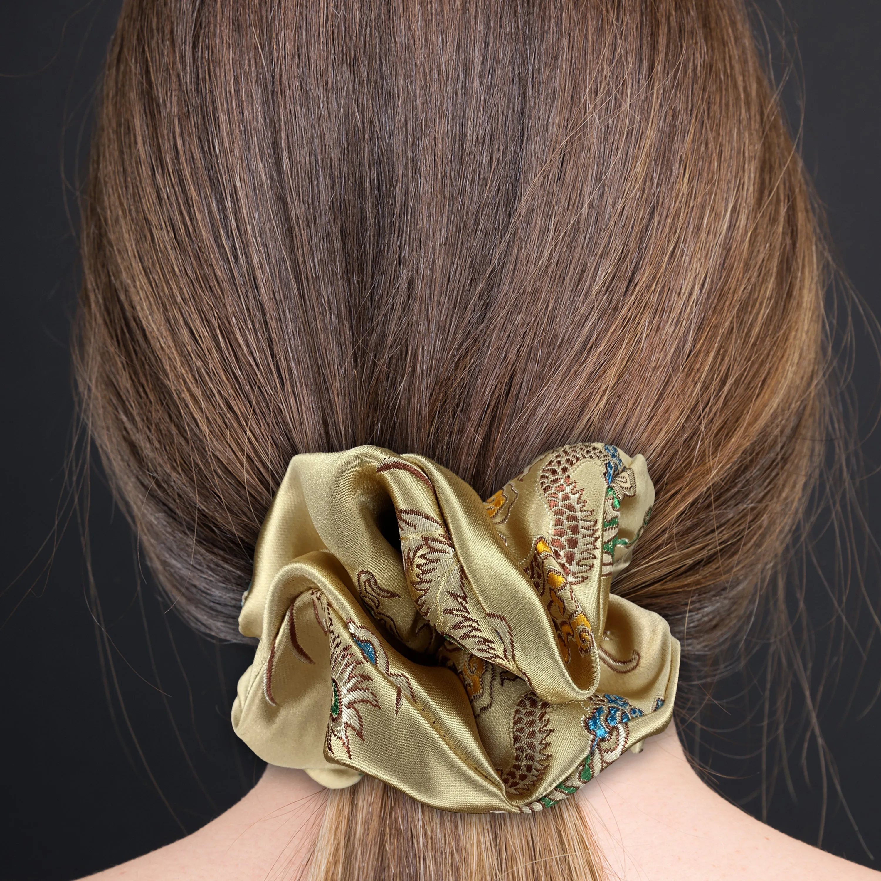 Chinese Dragon Scrunchies King Size XXL Brocade Satin Oversized Ponytail Holders Light Gold