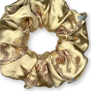 Chinese Dragon Scrunchies King Size XXL Brocade Satin Oversized Ponytail Holders Light Gold