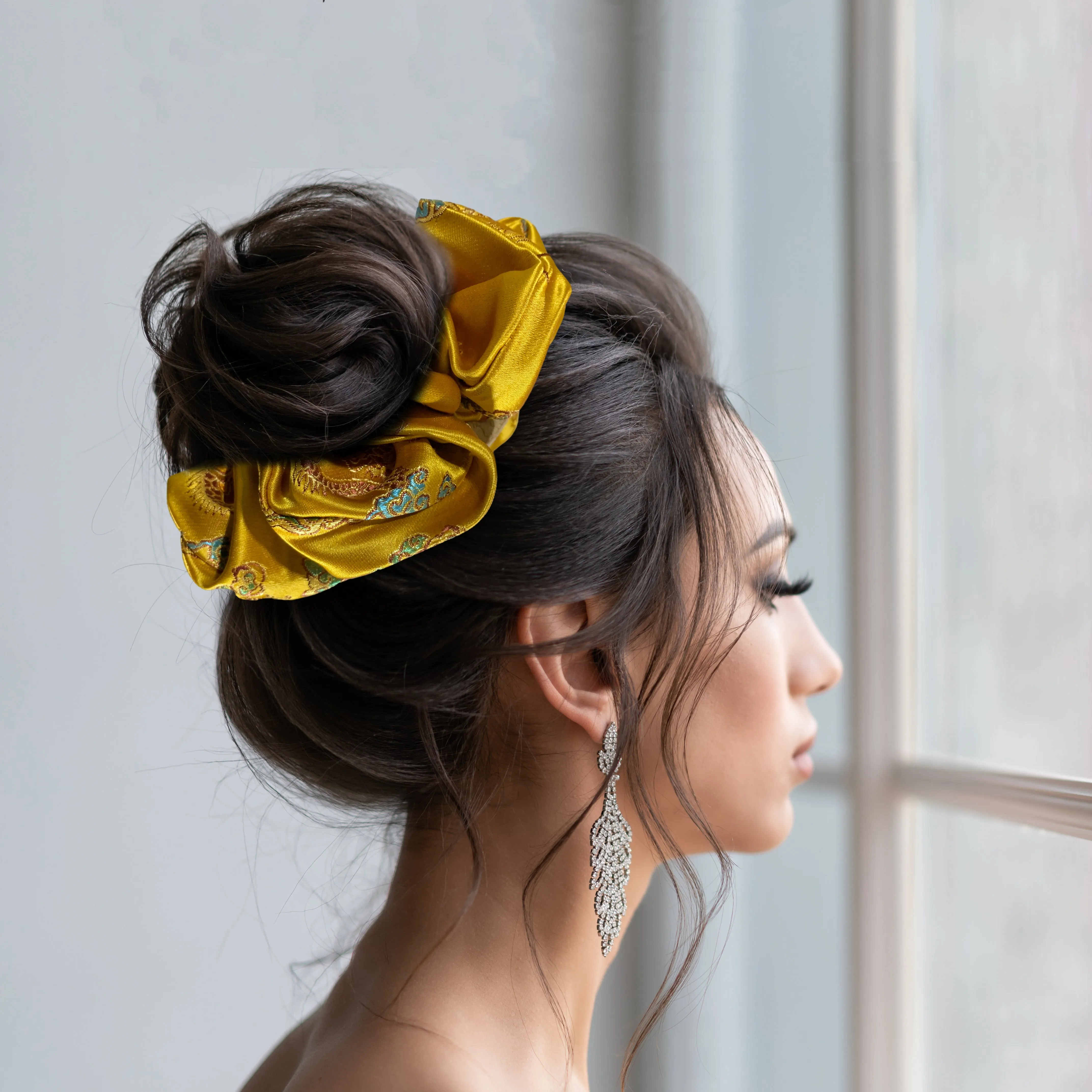 Chinese Dragon Scrunchies King Size XXL Brocade Satin Oversized Ponytail Holders Light Gold