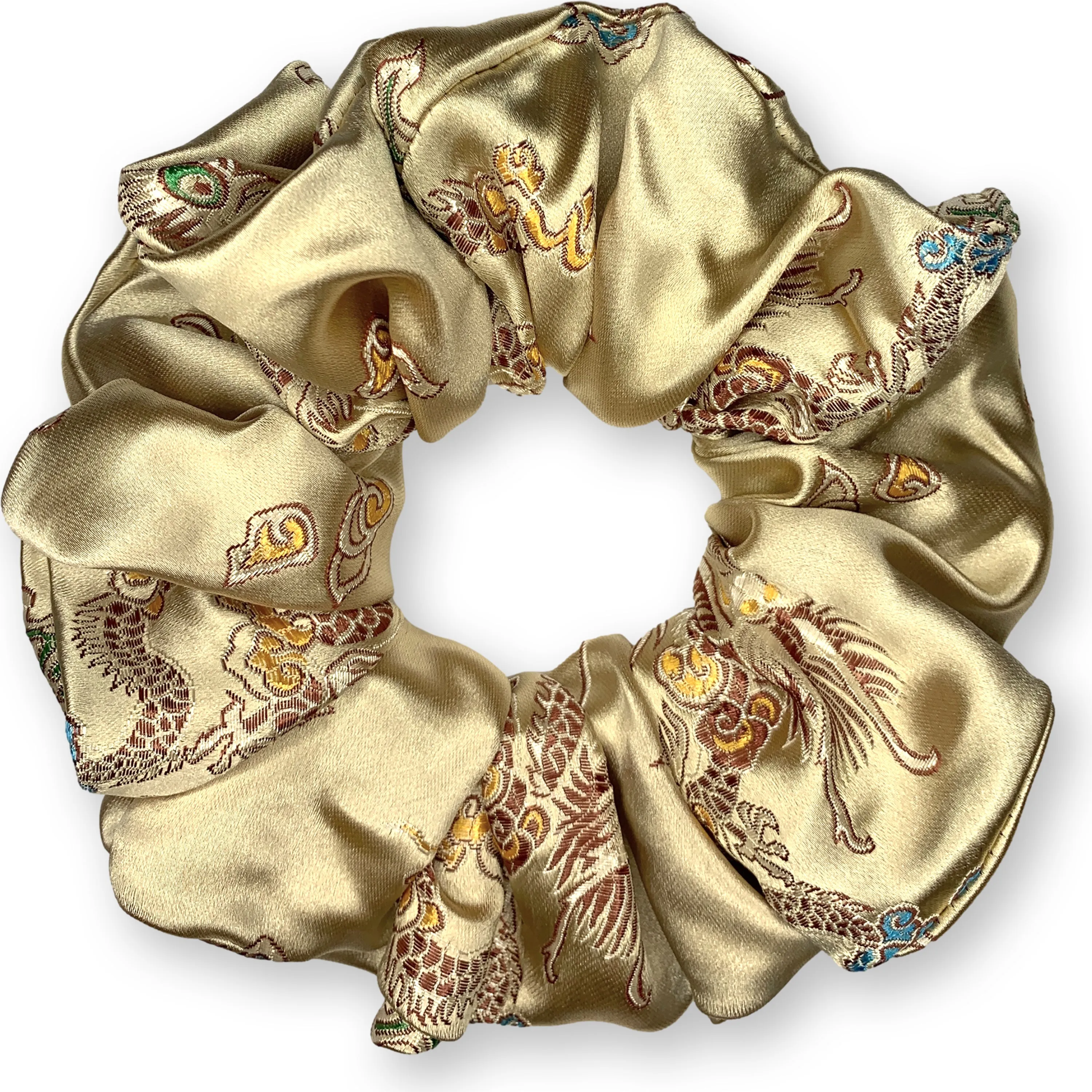 Chinese Dragon Scrunchies King Size XXL Brocade Satin Oversized Ponytail Holders Light Gold