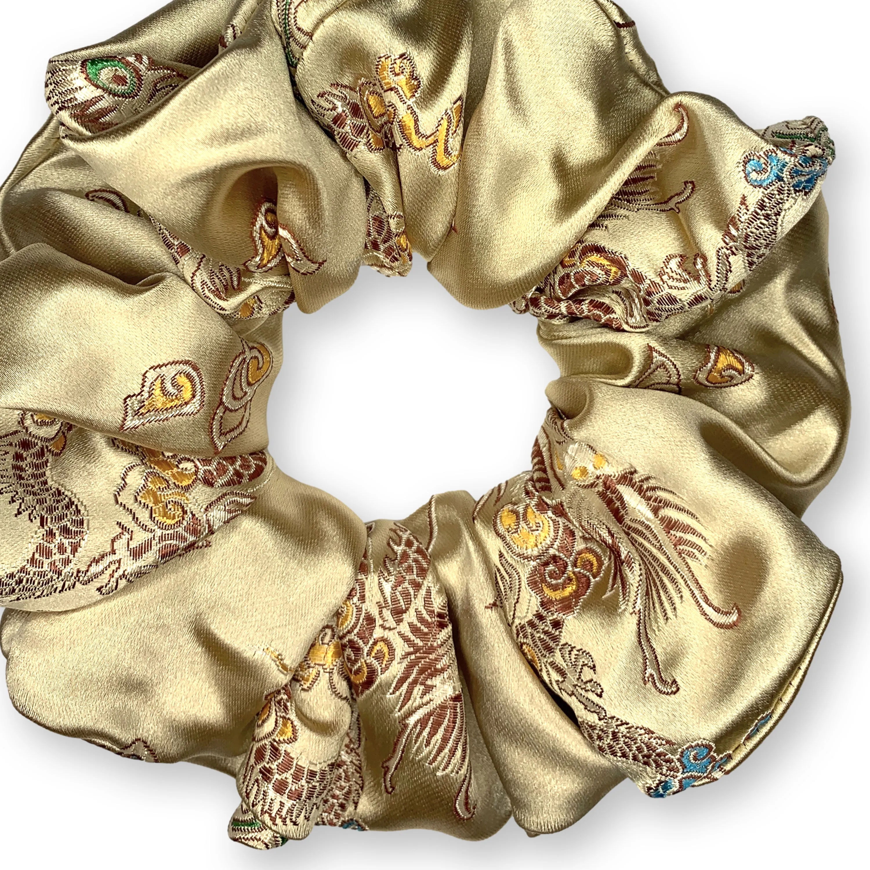 Chinese Dragon Scrunchies King Size XXL Brocade Satin Oversized Ponytail Holders Light Gold