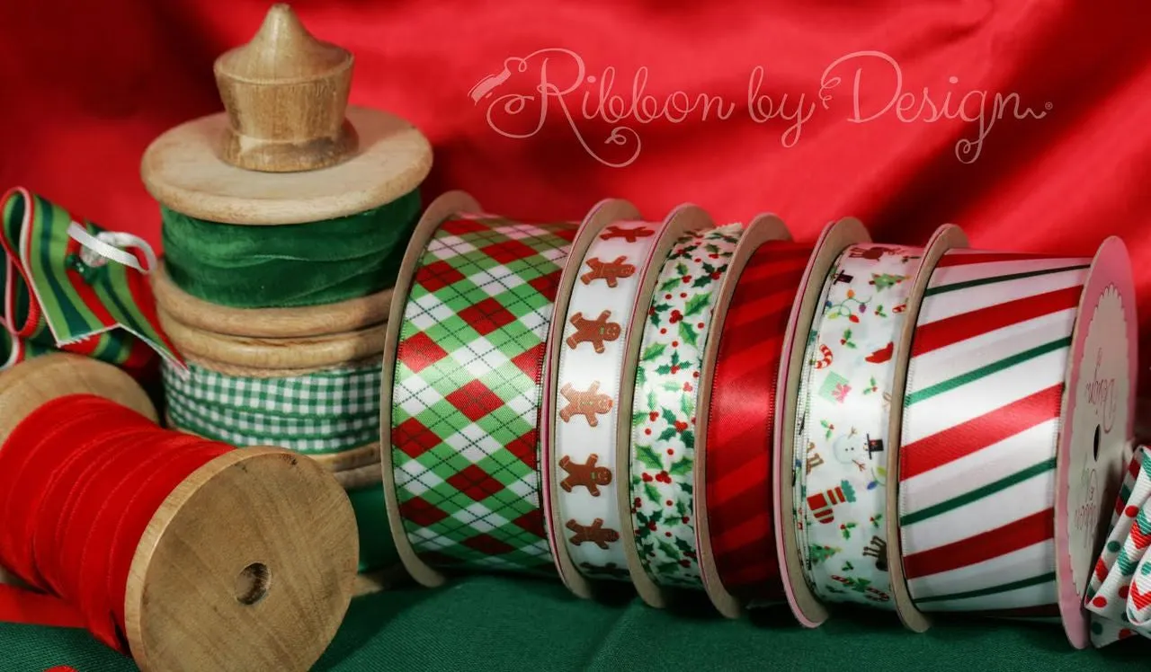 Christmas Stripes Ribbon in Red and Green on 5/8", 7/8" and 1.5" White Single Face Satin ribbon