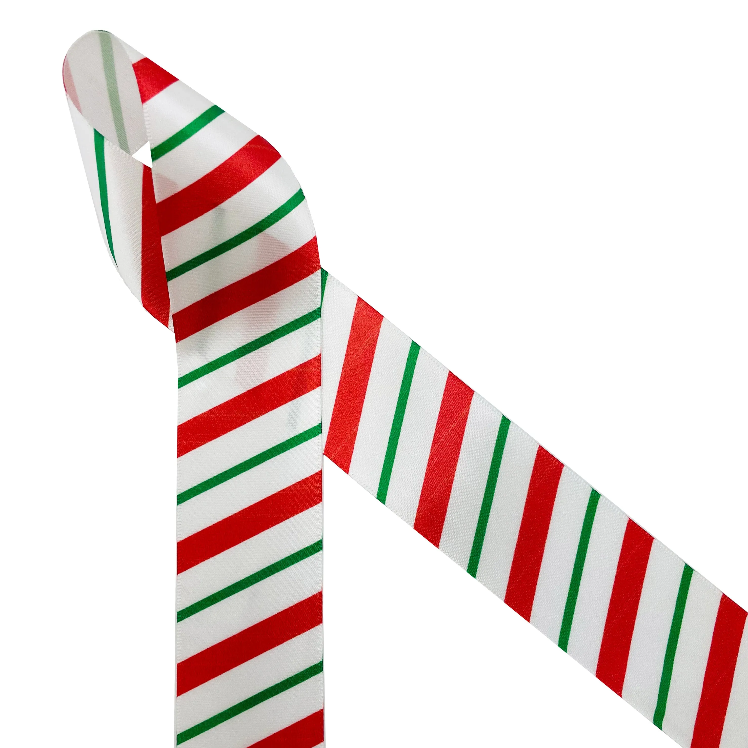 Christmas Stripes Ribbon in Red and Green on 5/8", 7/8" and 1.5" White Single Face Satin ribbon