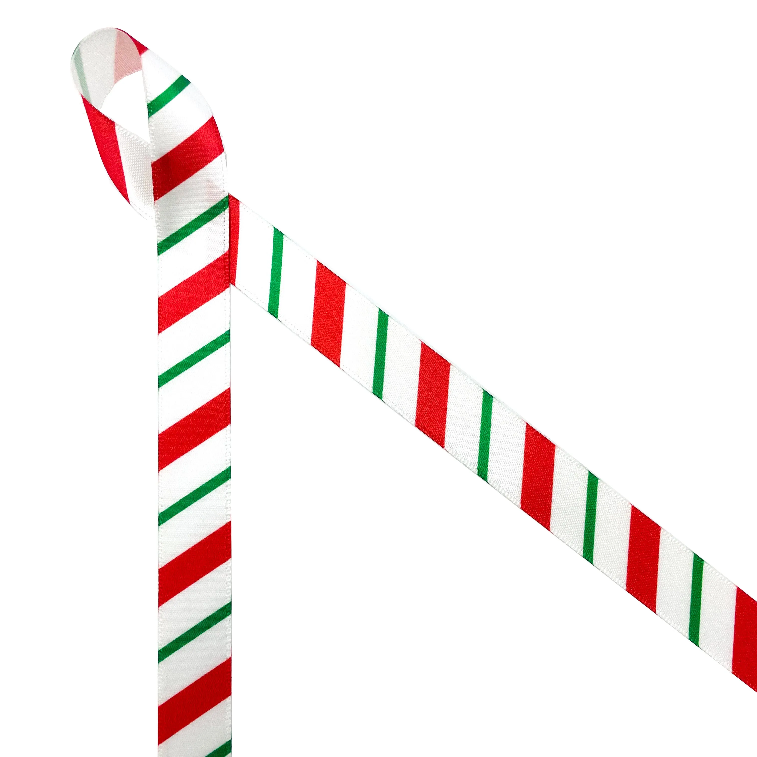 Christmas Stripes Ribbon in Red and Green on 5/8", 7/8" and 1.5" White Single Face Satin ribbon