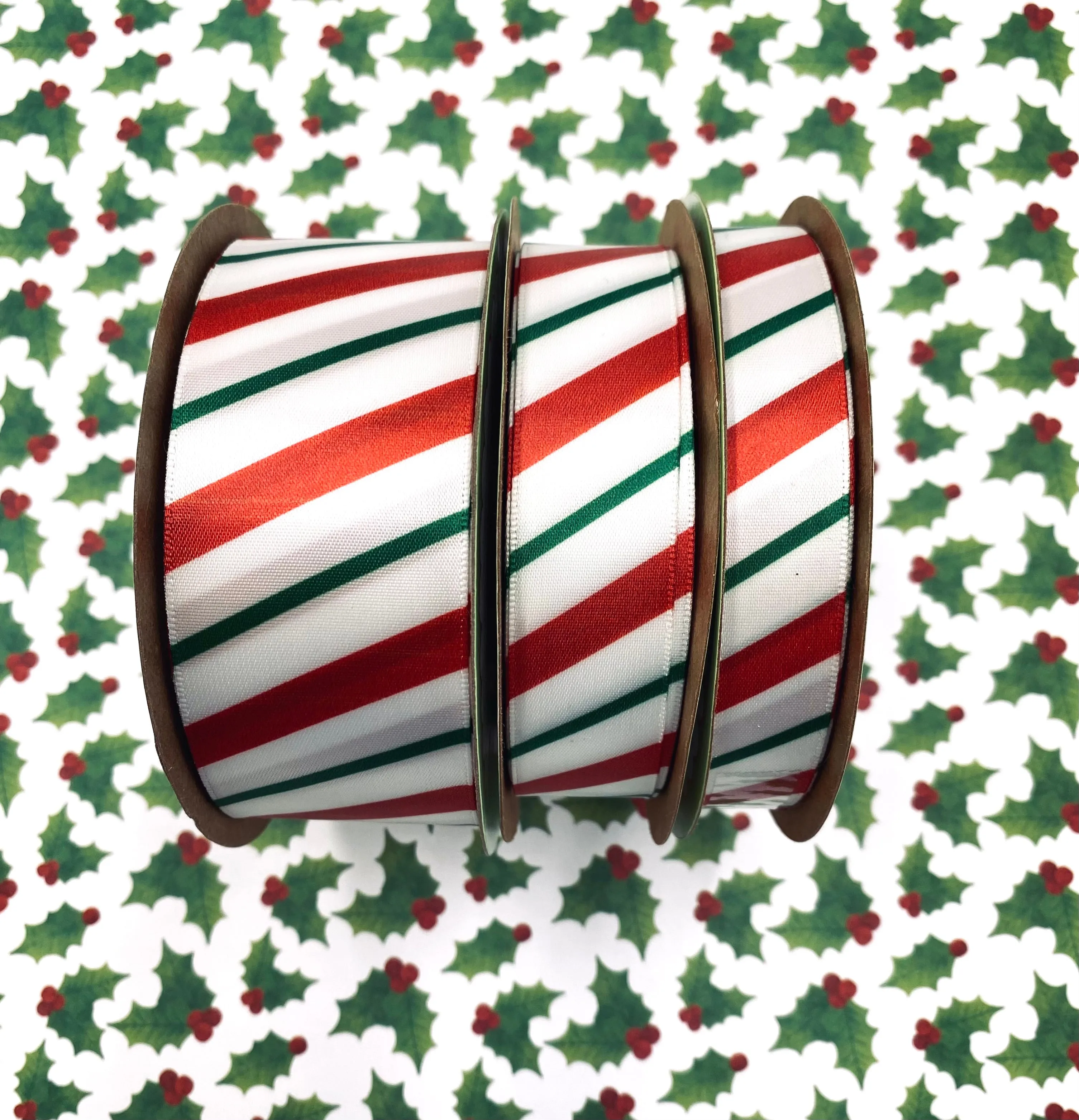 Christmas Stripes Ribbon in Red and Green on 5/8", 7/8" and 1.5" White Single Face Satin ribbon