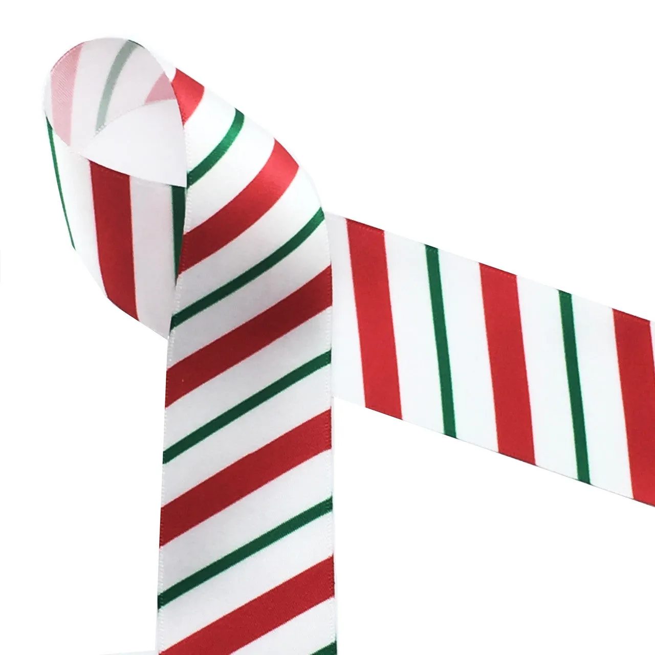 Christmas Stripes Ribbon in Red and Green on 5/8", 7/8" and 1.5" White Single Face Satin ribbon