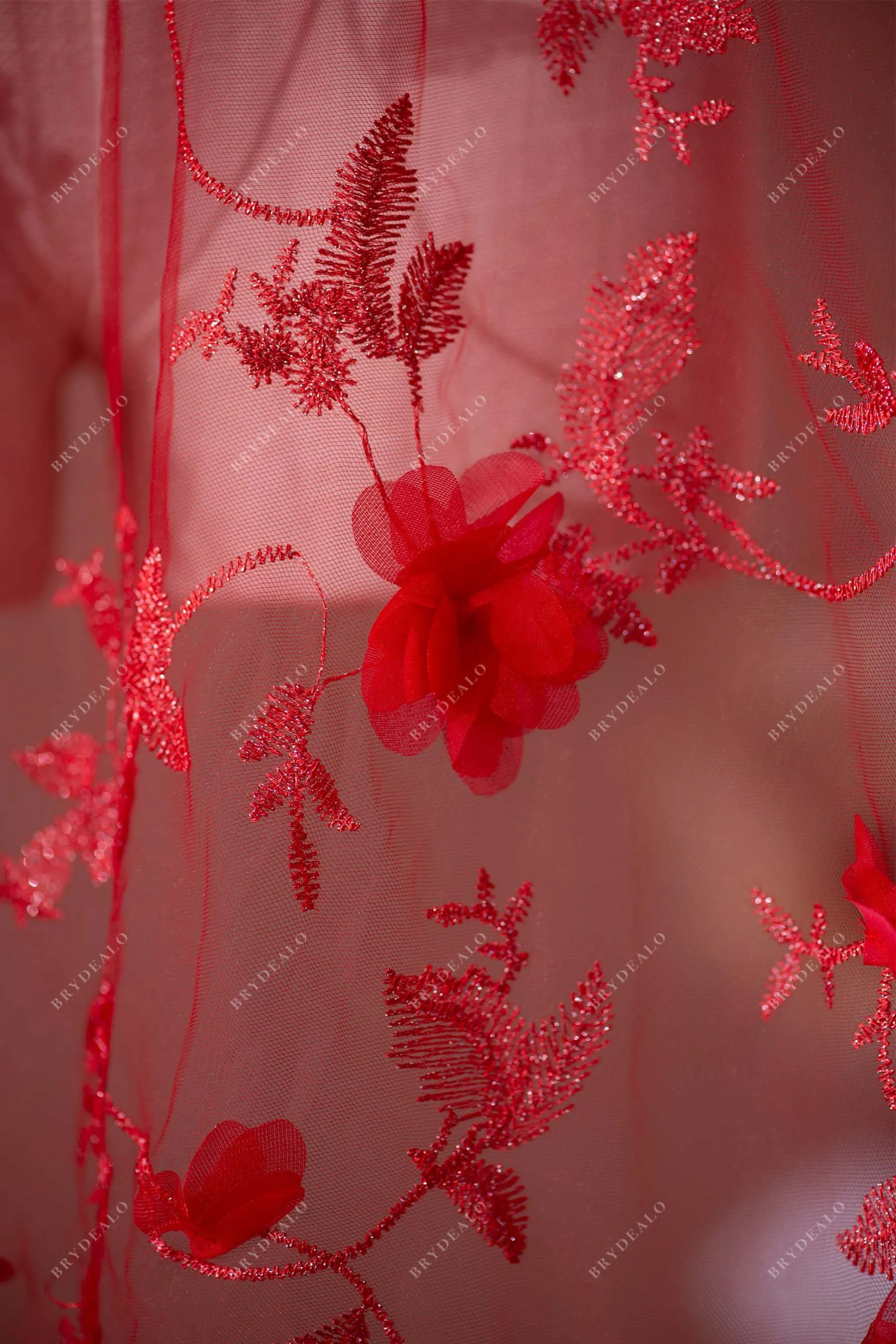 Classic Red 3D Flower Lace Fabric for Designer Dresses