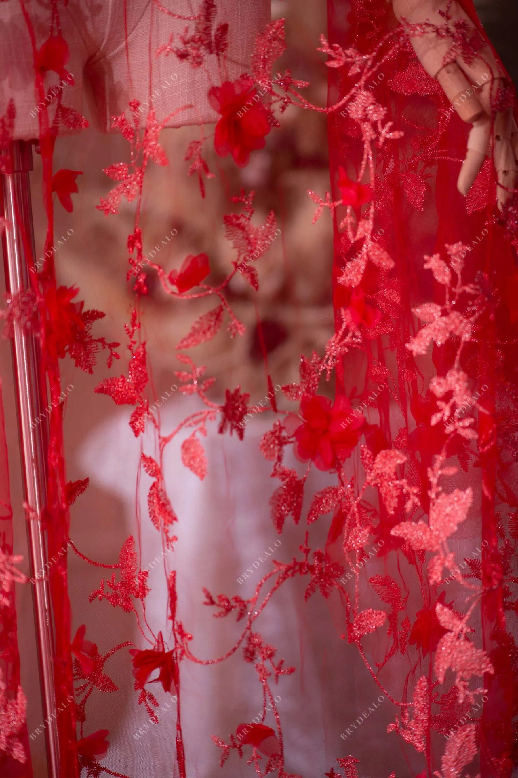 Classic Red 3D Flower Lace Fabric for Designer Dresses