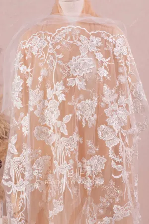 Clear Sequin Double Border Scalloped Flower Lace Fabric