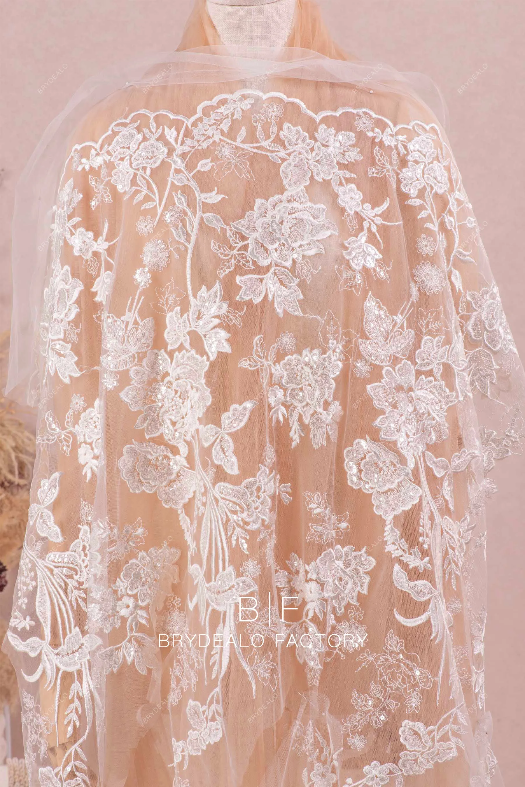 Clear Sequin Double Border Scalloped Flower Lace Fabric