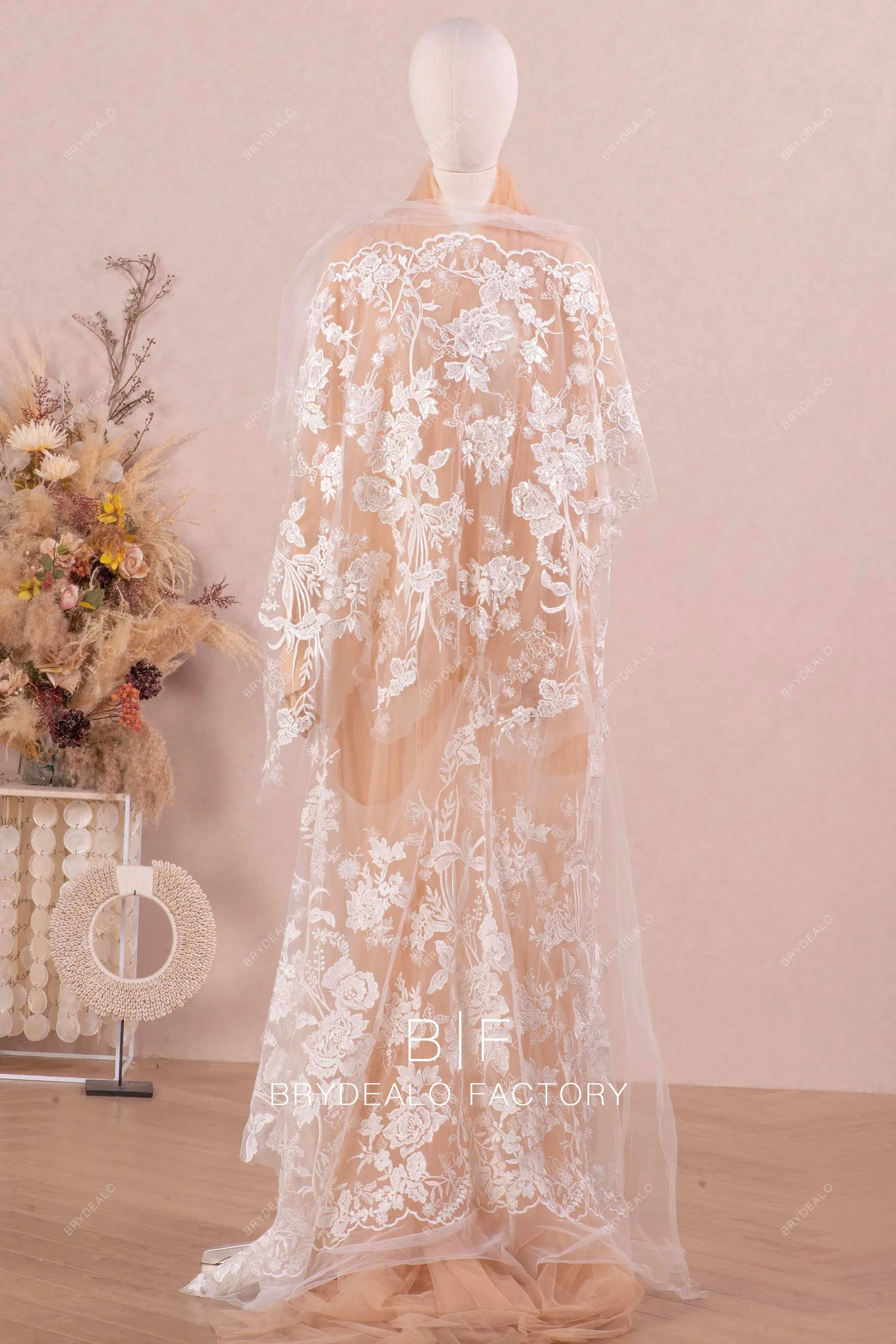 Clear Sequin Double Border Scalloped Flower Lace Fabric