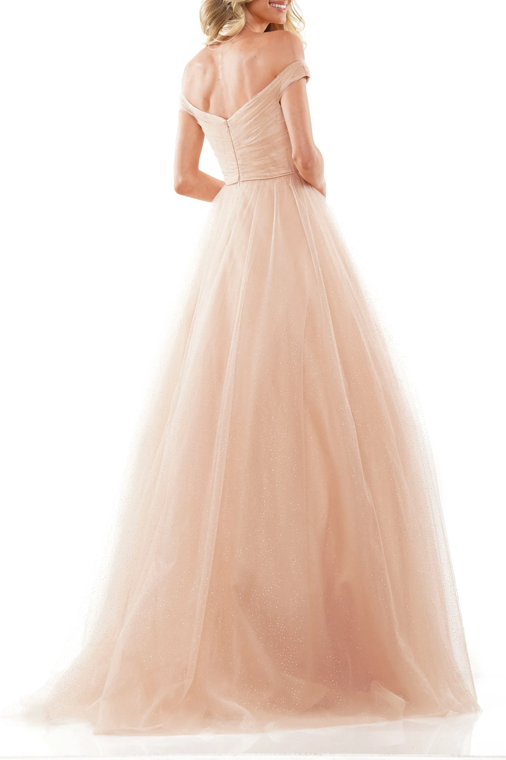 Colors Dress Off Shoulder Sweetheart Neck Sleeveless Ruched Glittery Mesh Gown