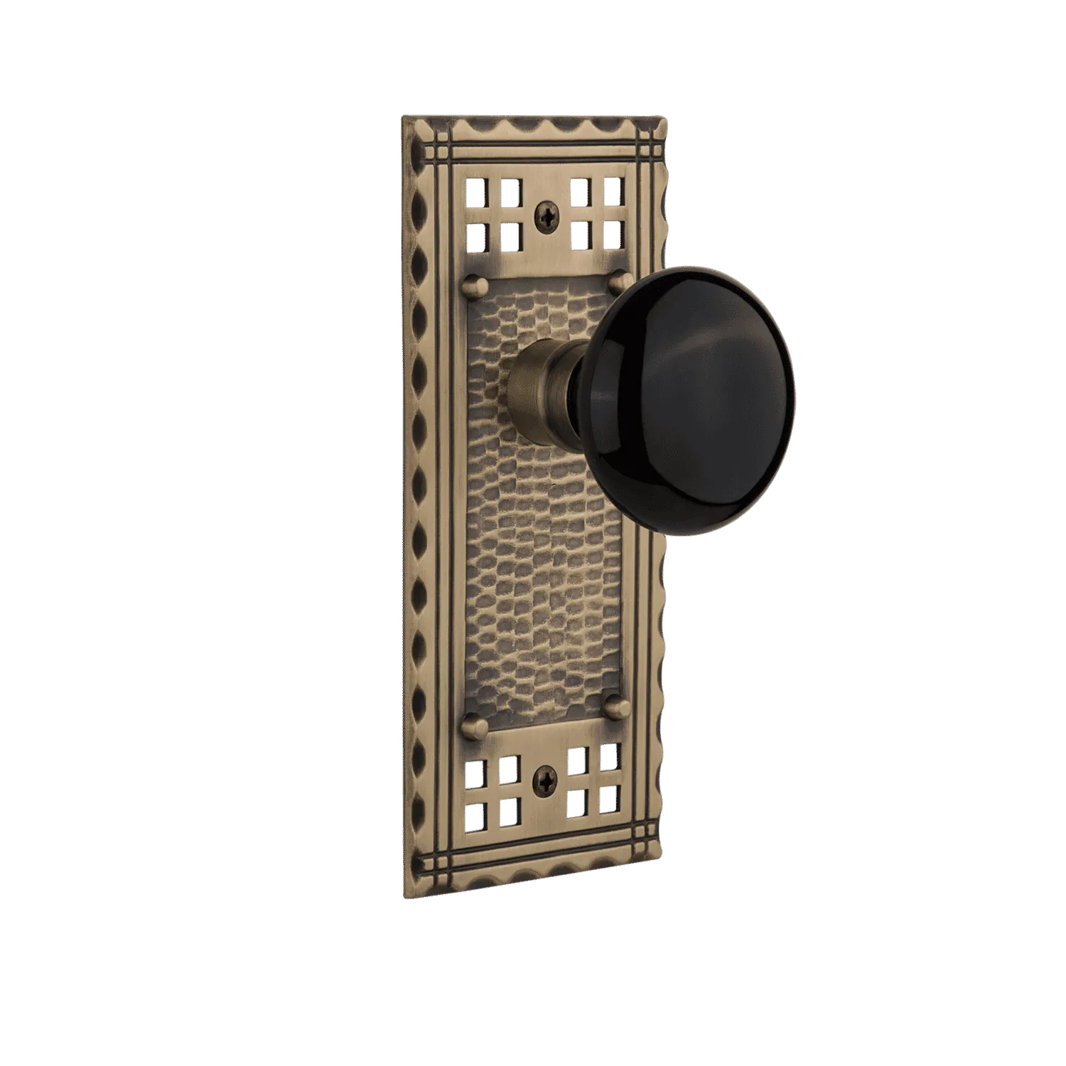 Craftsman Long Plate with Black Porcelain Knob in Antique Brass