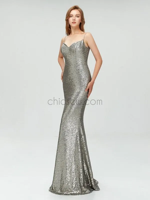 Custom Spaghetti Straps Silver Sparkly Sequin Elegant Mermaid Long Prom Dresses, Party Dress LMX1111
