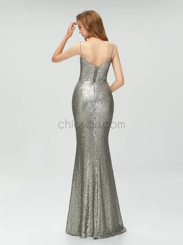 Custom Spaghetti Straps Silver Sparkly Sequin Elegant Mermaid Long Prom Dresses, Party Dress LMX1111