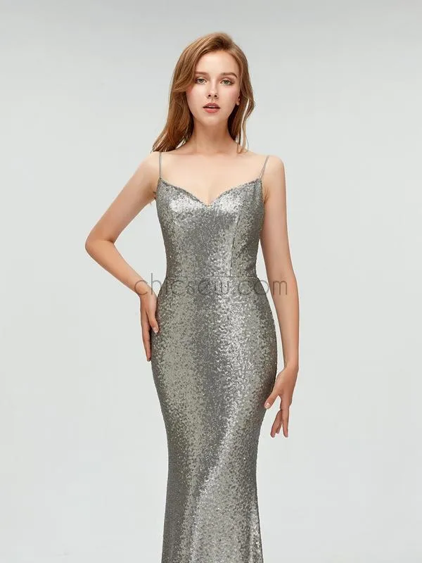 Custom Spaghetti Straps Silver Sparkly Sequin Elegant Mermaid Long Prom Dresses, Party Dress LMX1111