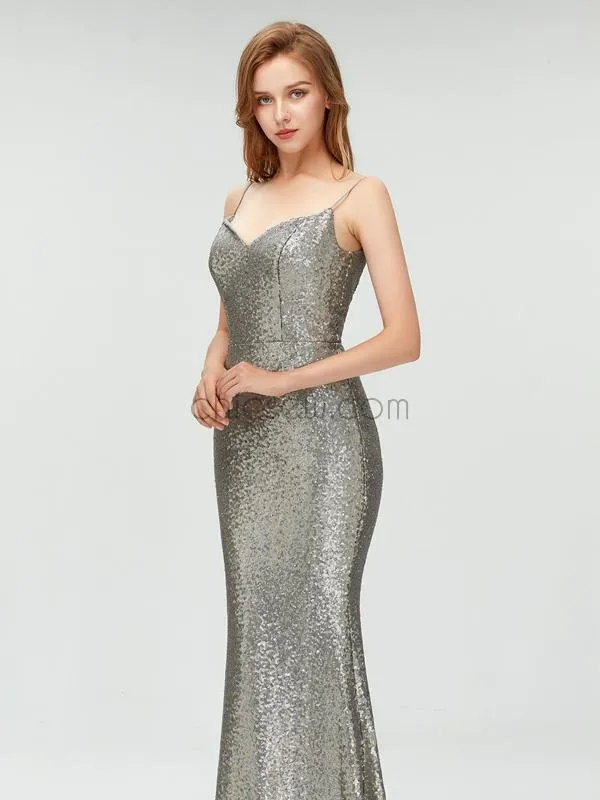 Custom Spaghetti Straps Silver Sparkly Sequin Elegant Mermaid Long Prom Dresses, Party Dress LMX1111
