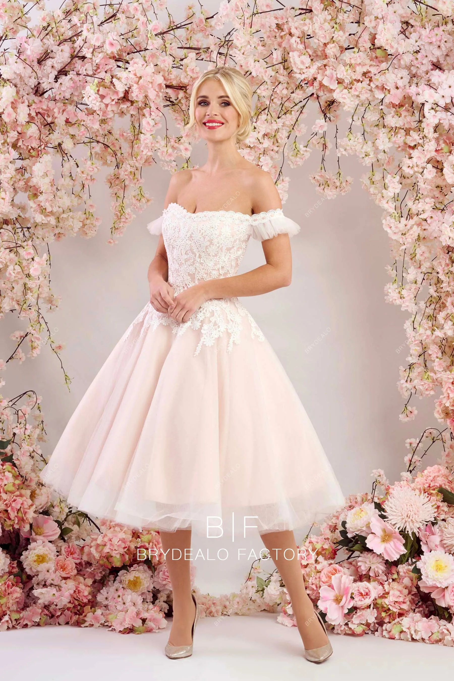 Cute Off Shoulder Lace Blush Tulle Tea Length Wedding Gown
