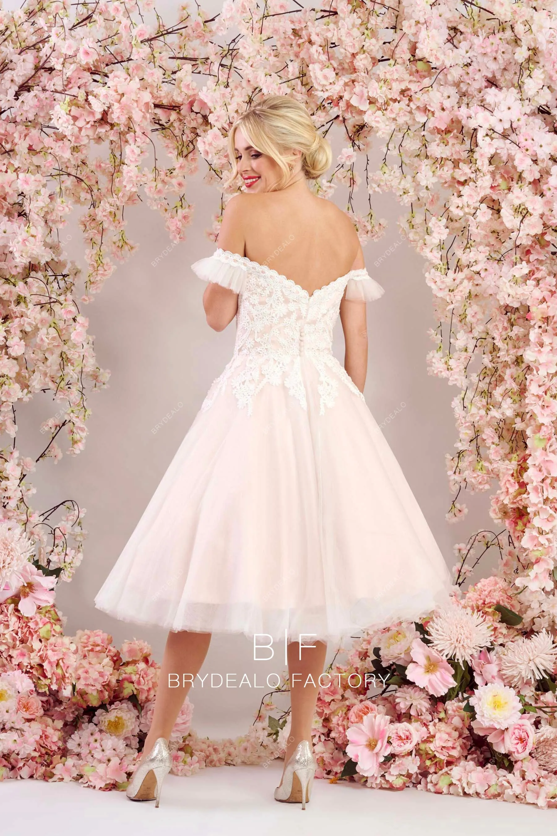 Cute Off Shoulder Lace Blush Tulle Tea Length Wedding Gown