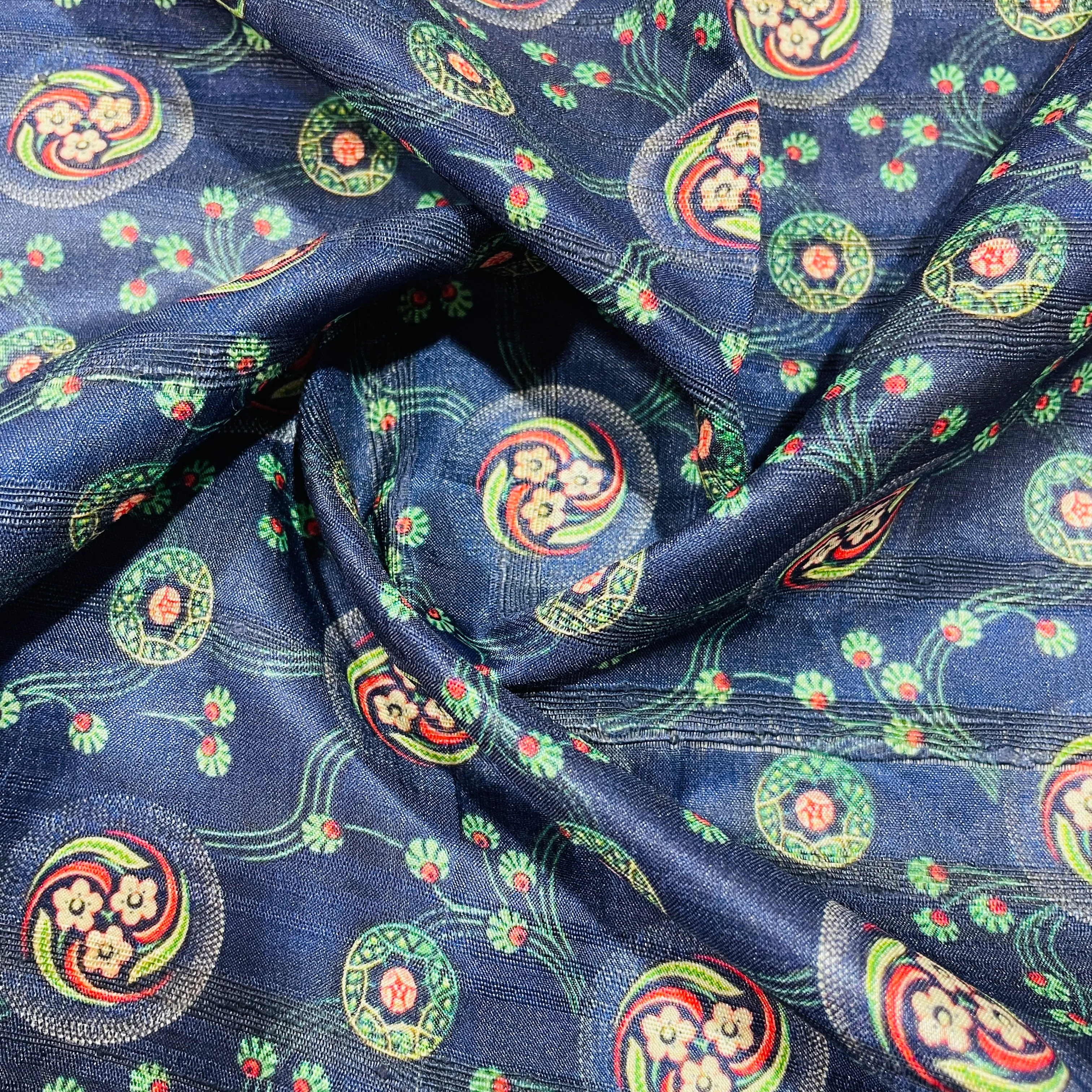 Dark Blue & Multicolor Floral Print Tusser Silk Fabric