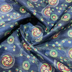 Dark Blue & Multicolor Floral Print Tusser Silk Fabric