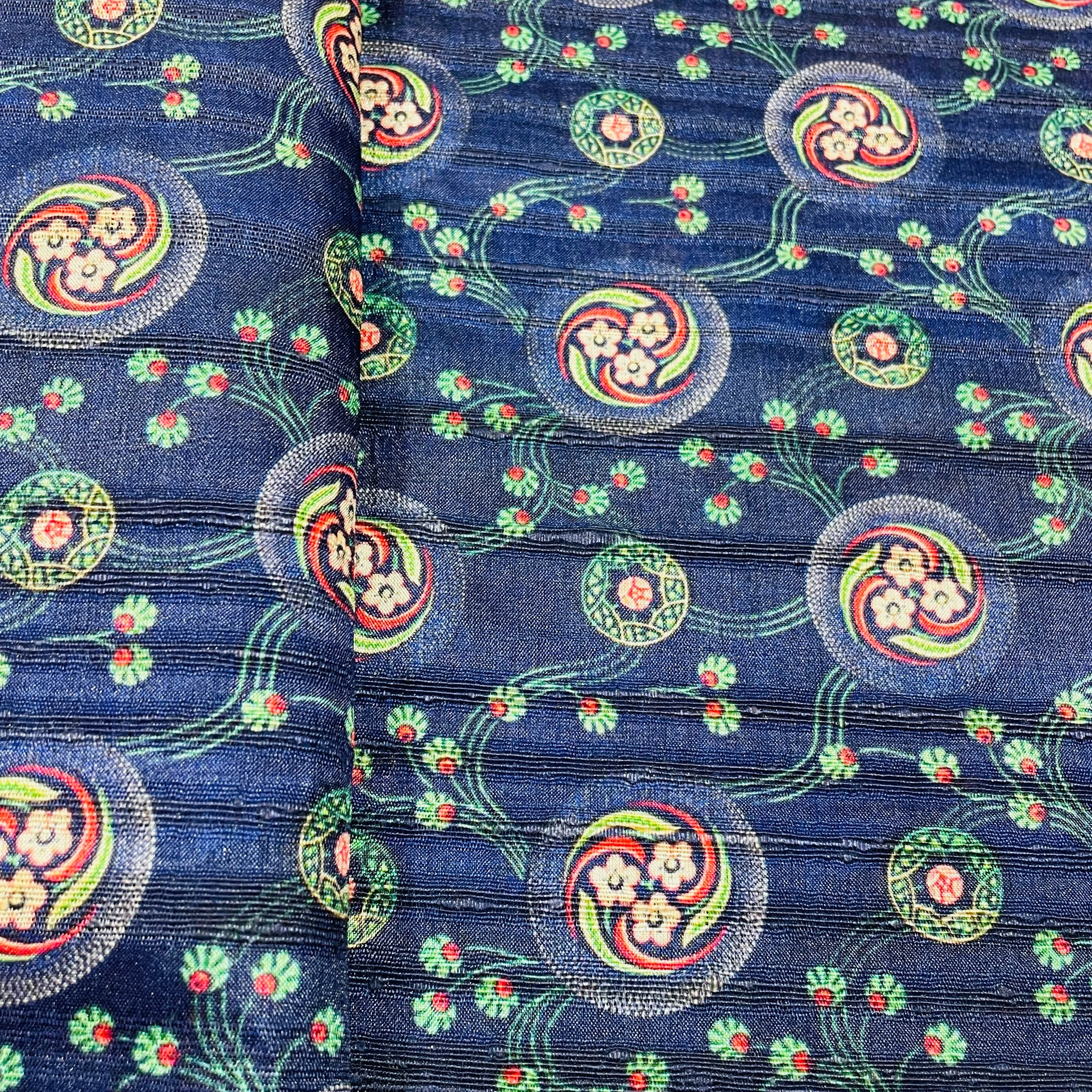 Dark Blue & Multicolor Floral Print Tusser Silk Fabric