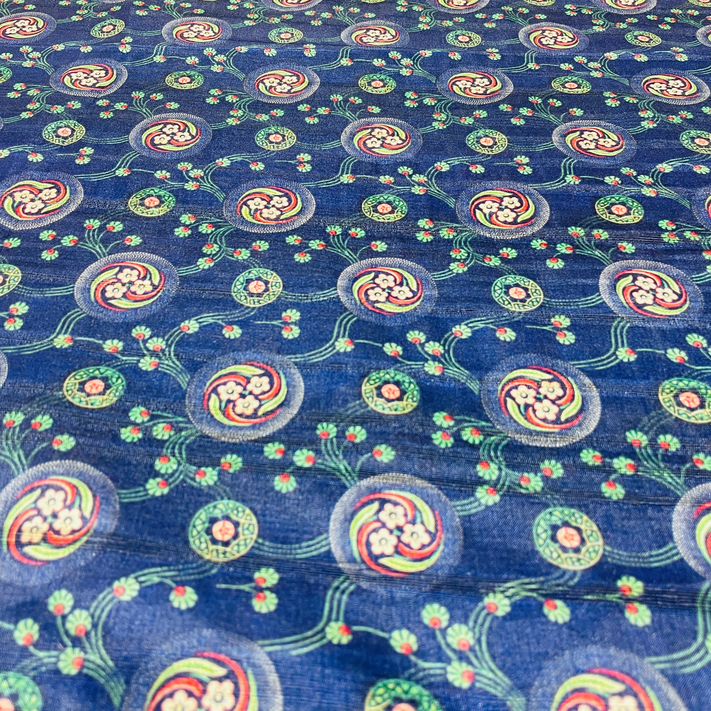 Dark Blue & Multicolor Floral Print Tusser Silk Fabric