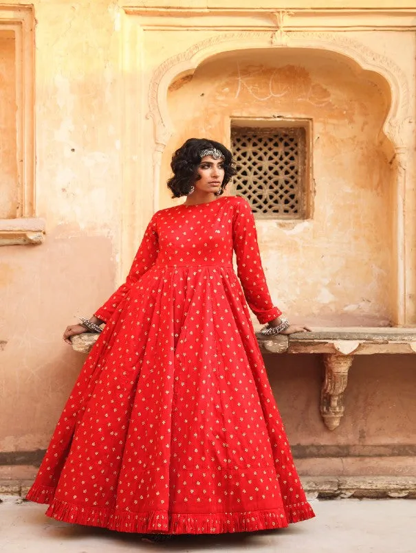 Daulat Red Embroidered Cotton Silk Gown