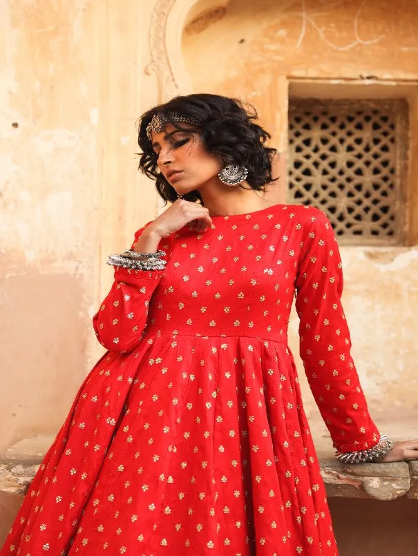 Daulat Red Embroidered Cotton Silk Gown