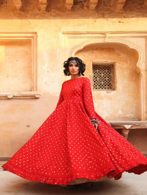 Daulat Red Embroidered Cotton Silk Gown