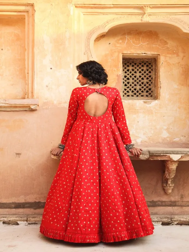 Daulat Red Embroidered Cotton Silk Gown