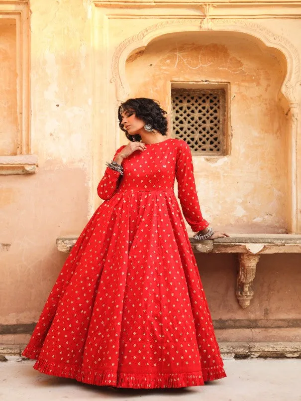 Daulat Red Embroidered Cotton Silk Gown